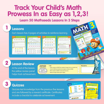 Grade 3 Math Workbook Ages 7–9: 200 Essential Math Lessons – Counting to 10,000, Operations, Fractions, Problem Solving, Worksheets + Yearly Planner, 240 Full-Color Pages | Mathseeds