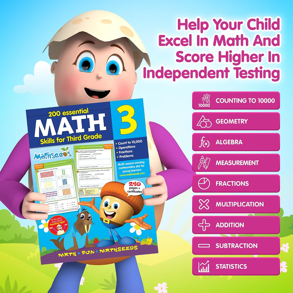 Grade 3 Math Workbook Ages 7–9: 200 Essential Math Lessons – Counting to 10,000, Operations, Fractions, Problem Solving, Worksheets + Yearly Planner, 240 Full-Color Pages | Mathseeds