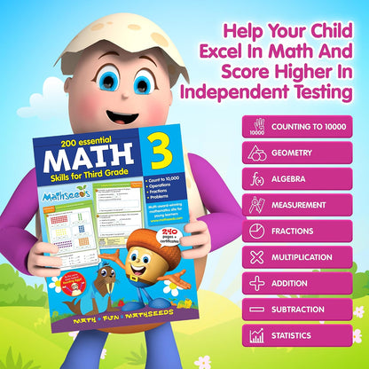Grade 3 Math Workbook Ages 7–9: 200 Essential Math Lessons – Counting to 10,000, Operations, Fractions, Problem Solving, Worksheets + Yearly Planner, 240 Full-Color Pages | Mathseeds