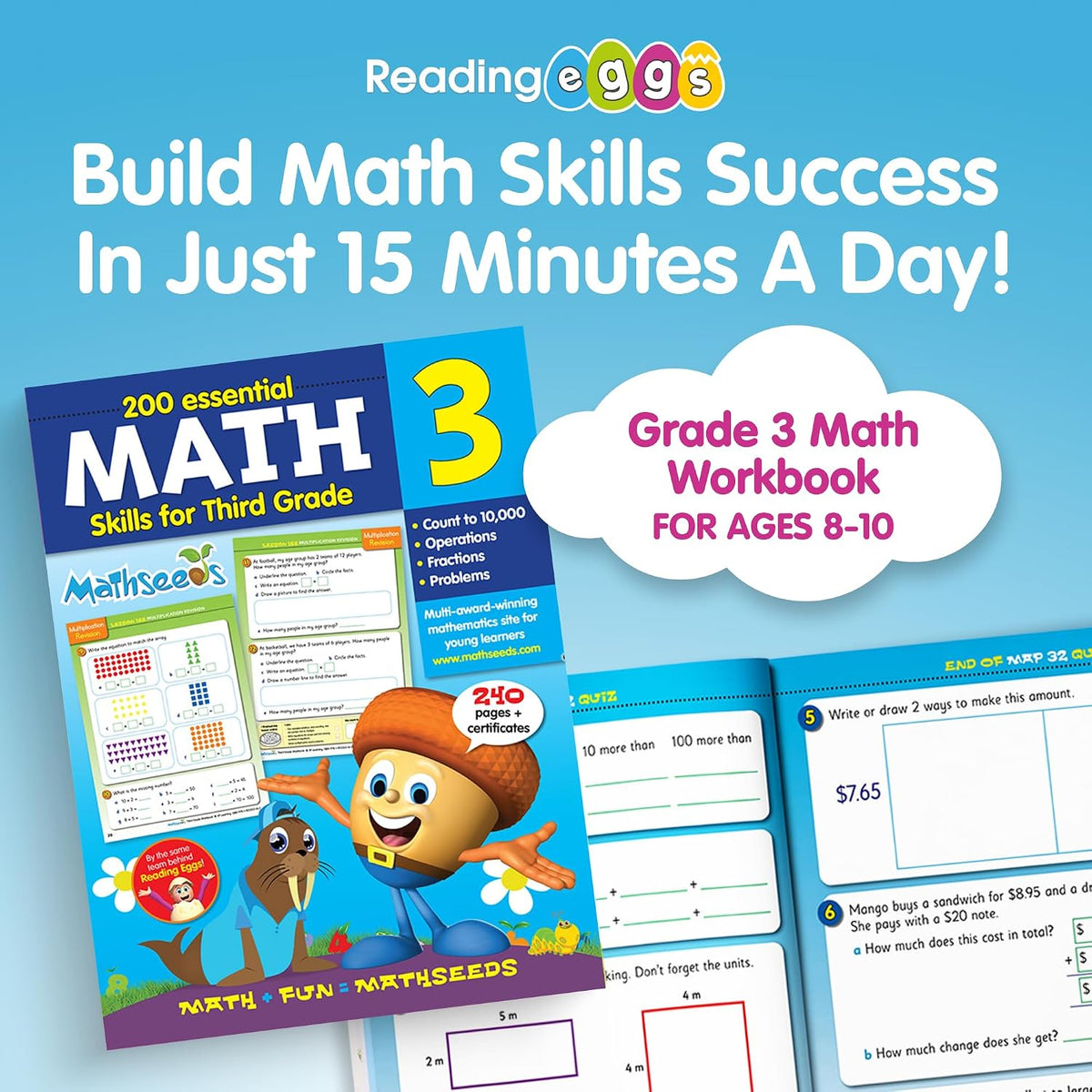 Grade 3 Math Workbook Ages 7–9: 200 Essential Math Lessons – Counting to 10,000, Operations, Fractions, Problem Solving, Worksheets + Yearly Planner, 240 Full-Color Pages | Mathseeds